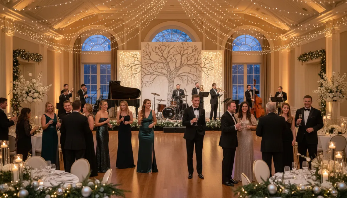 Guests dressed in formal attire enjoying a festive holiday gala with music and drinks