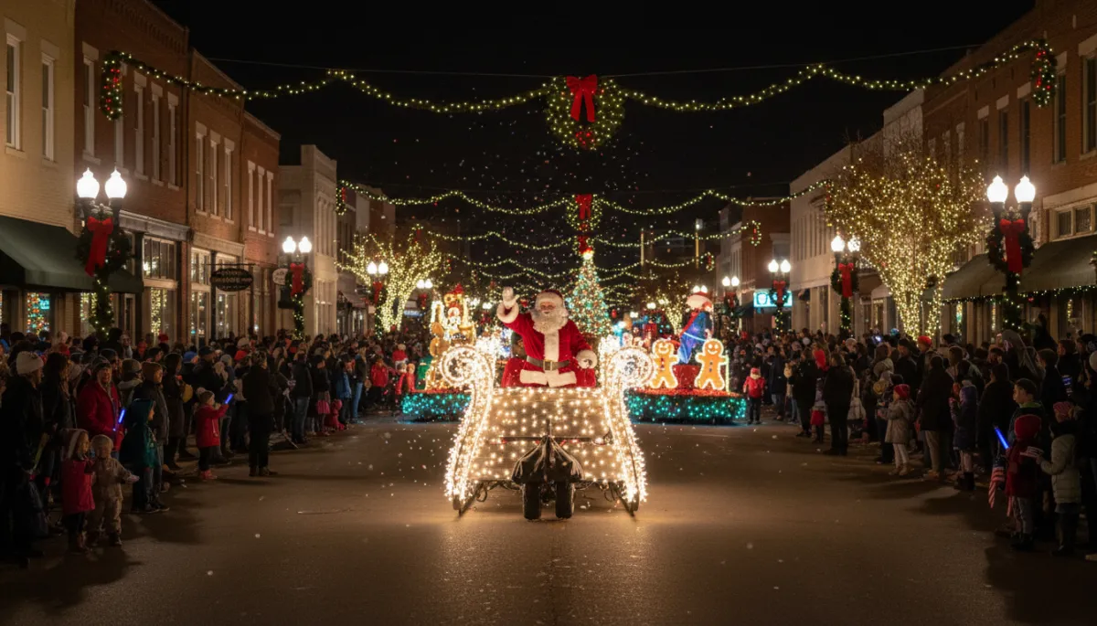 Families watching a brightly lit Christmas parade with festive floats and Santa in downtown Killeen