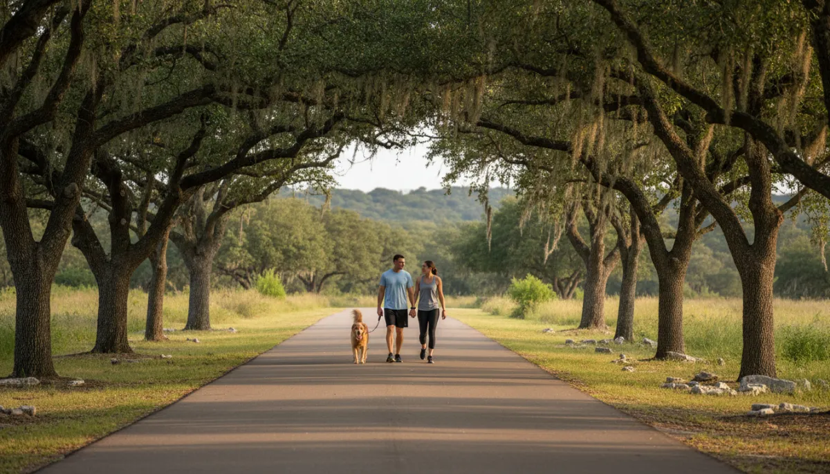 Shaded paved trail in a Killeen park with couple and dog strolling