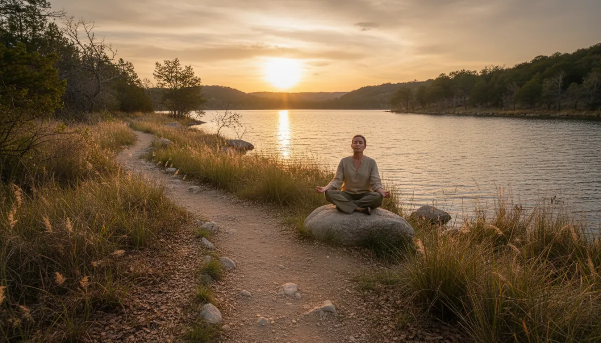 Person meditating quietly beside a calm Central Texas lakeside trail