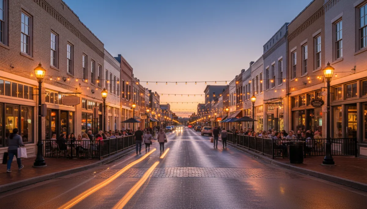 Photorealistic view of a busy downtown Killeen street with restaurants and people dining outside