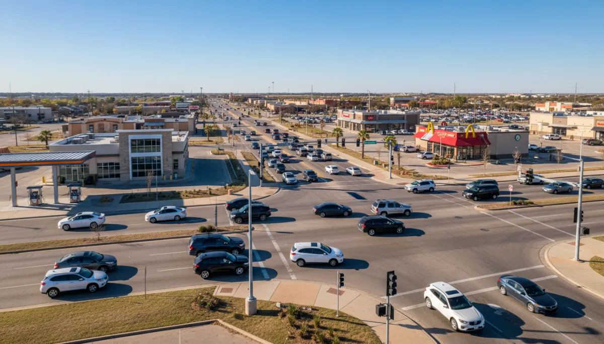 Photorealistic view of a modern commercial intersection in Killeen with new retail and restaurants