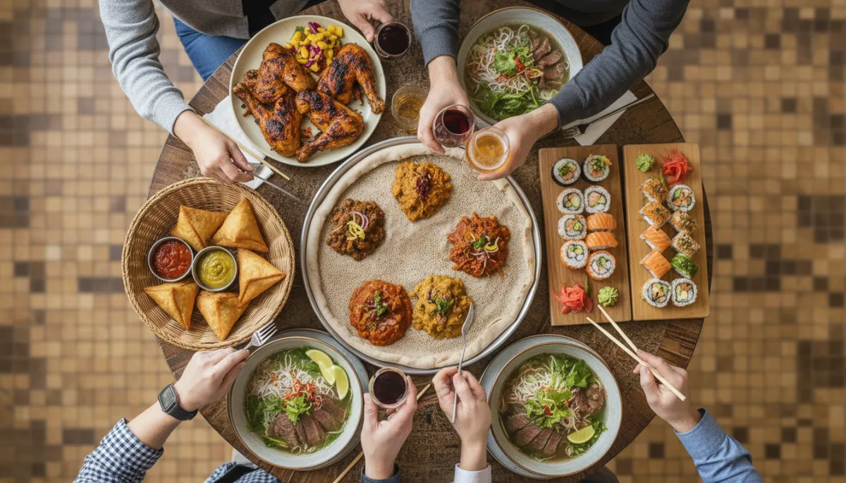 Photorealistic diverse group sharing international dishes around one table
