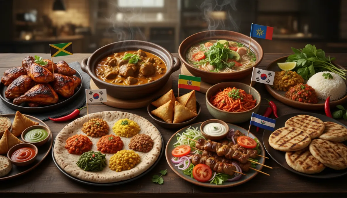 Photorealistic colorful spread of international dishes from Killeen restaurants
