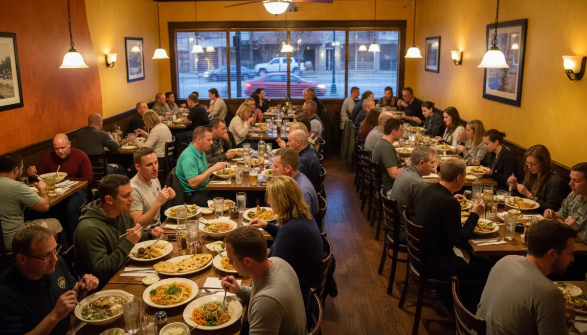 Photorealistic diverse crowd dining on international food in Killeen