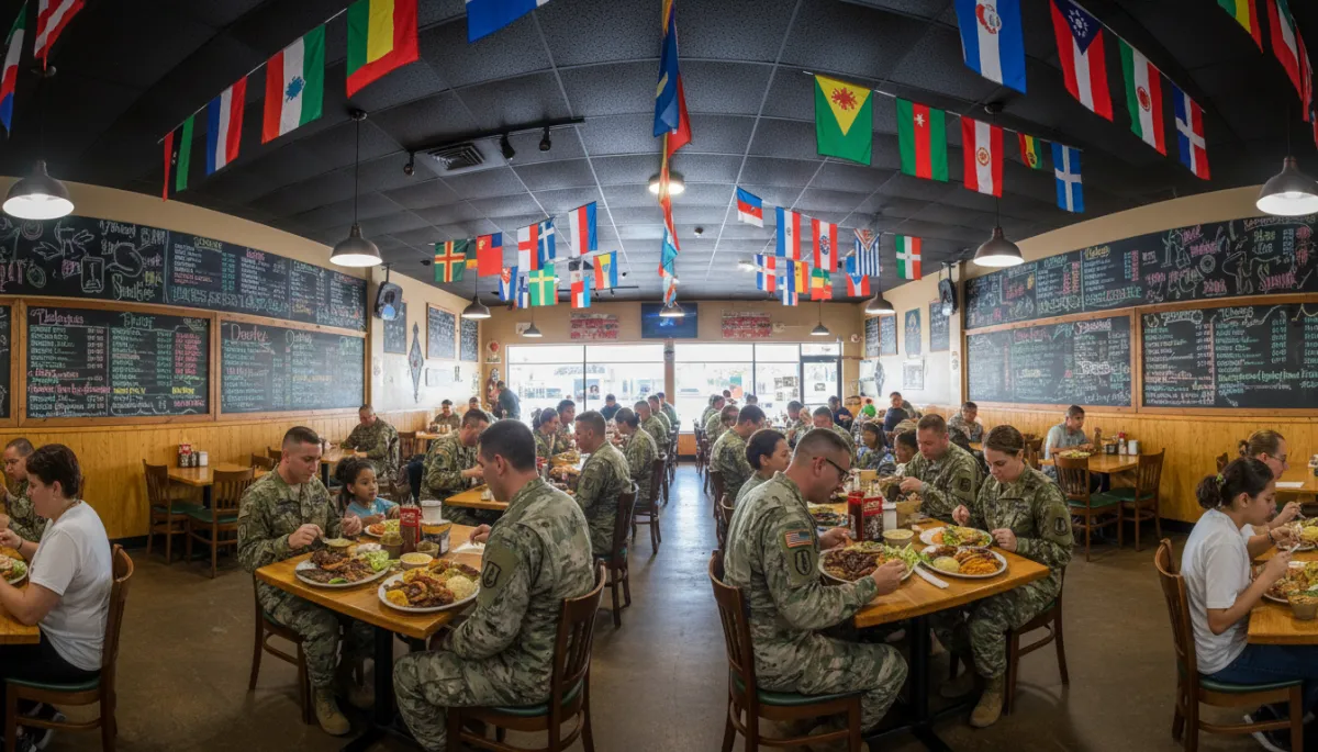 Photorealistic interior of a modest ethnic restaurant in Killeen with diverse diners