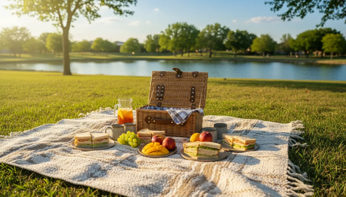 Lakeside-style picnic spread on a blanket in a Killeen park