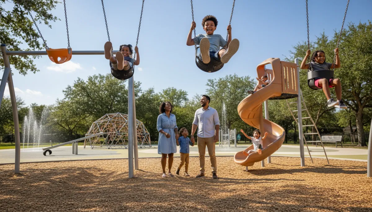 Family enjoying a sunny Sunday at a playground in Killeen