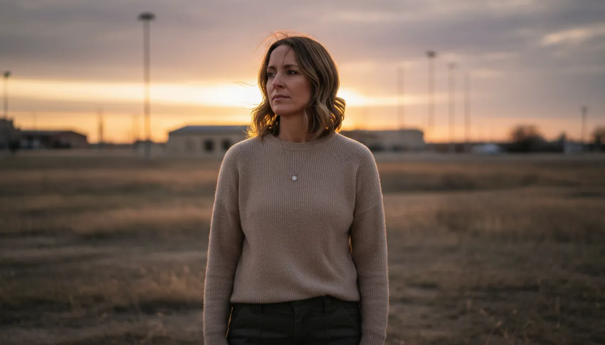 Photorealistic portrait of a resilient military spouse near Fort Hood looking toward the horizon