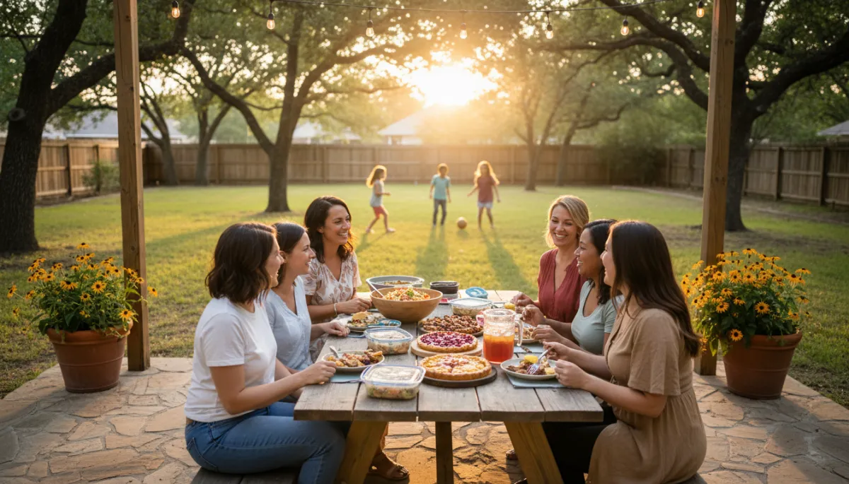 Photorealistic gathering of military spouses sharing food and conversation in a Killeen backyard