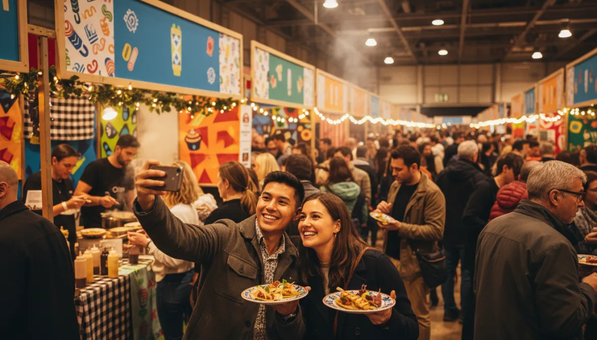 Excited crowd enjoying tastings and taking photos at a food festival