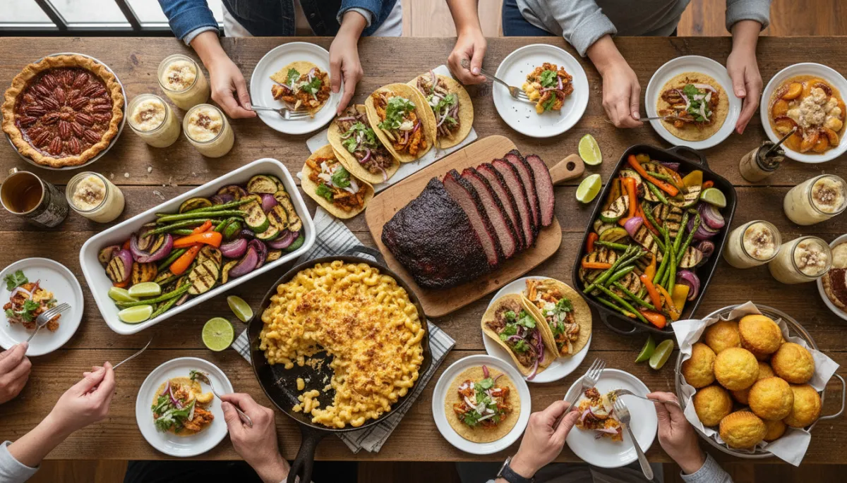 Central Texas food samples arranged on a table with people tasting