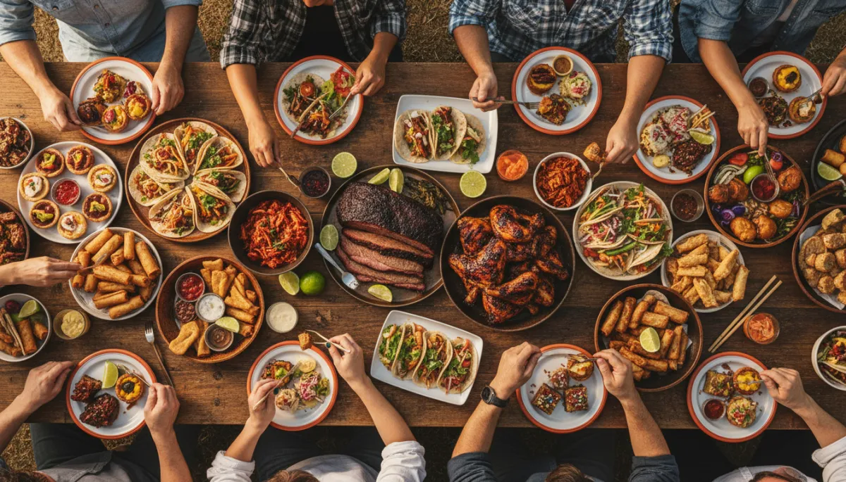 Photorealistic overhead view of a diverse spread of Central Texas festival foods