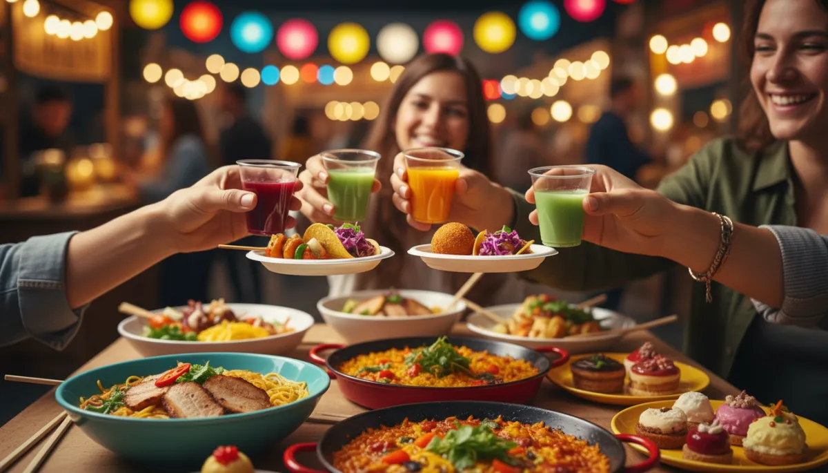 Photorealistic close-up of friends sharing samples at a food festival