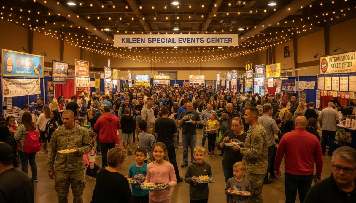 Photorealistic diverse Killeen crowd enjoying an evening food festival