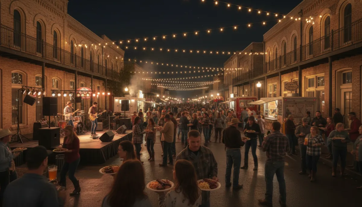 photorealistic nighttime downtown Killeen street festival, string lights overhead, live band on small stage, people in boots and jeans holding BBQ plates and craft beer, historic brick buildings, neutral warm lighting