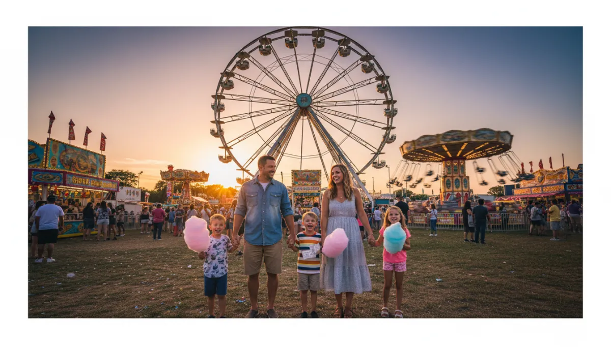 photorealistic family at Central Texas fair on a late-summer evening, parents with kids holding ride tickets and cotton candy, Ferris wheel in background, neutral warm sunset light