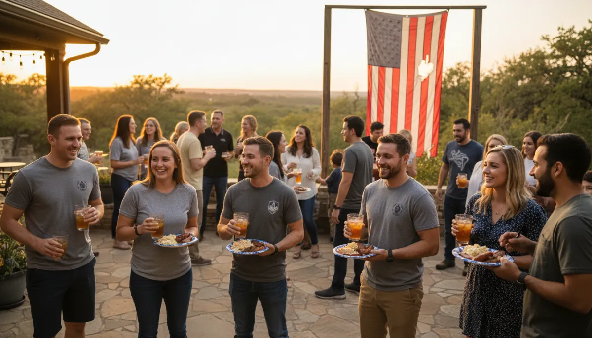photorealistic group of friends and families gathered on a Central Texas patio at sunset, some in military-affiliated shirts, others in casual clothes, holding drinks and BBQ plates, American flag in background, neutral warm tones