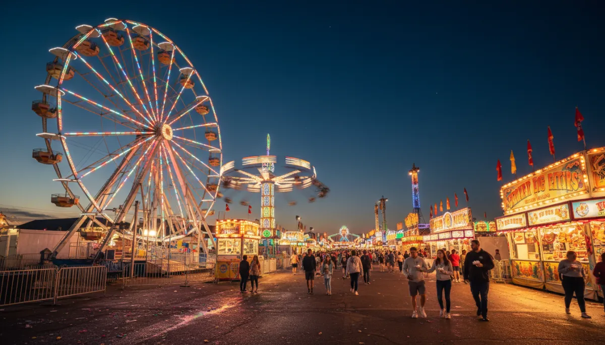 photorealistic night scene of Central Texas State Fair midway, Ferris wheel and spinning rides lit up, families walking with funnel cakes and glow sticks, neutral warm tones, clear sky