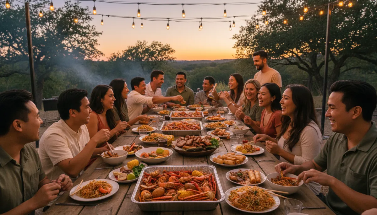 photorealistic Central Texas outdoor evening gathering, picnic tables with seafood boils and Filipino dishes, string lights overhead, diverse group of friends laughing and sharing food, neutral warm tones
