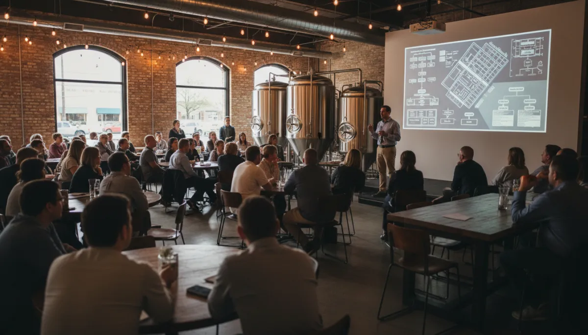 People gathered at a brewery listening to a community development workshop