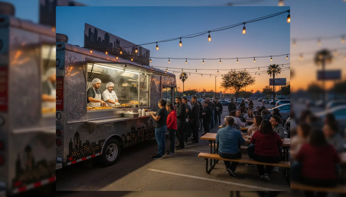 NY-style halal chicken food truck serving customers at dusk in Killeen