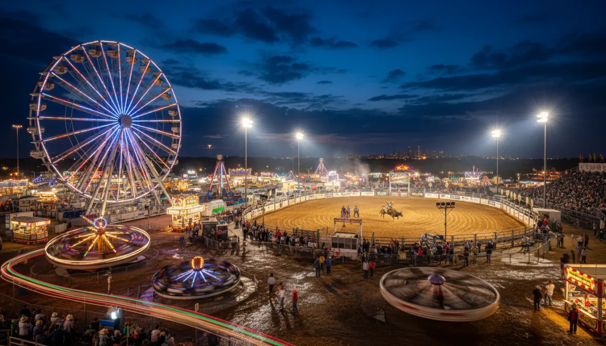 Nighttime fairground with carnival rides and bull riding arena