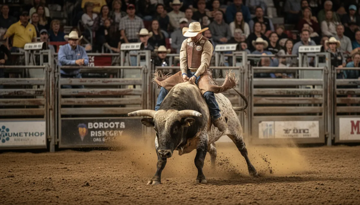 Professional bull rider hanging on as a bull bucks inside the arena