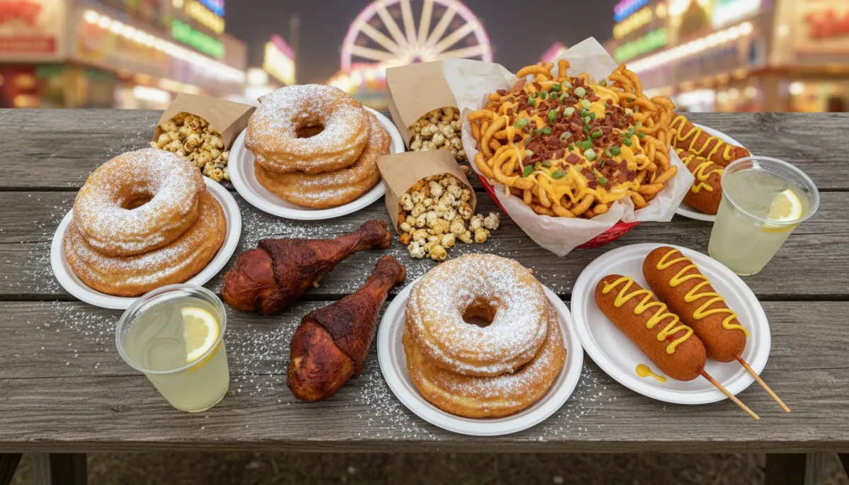 Table filled with funnel cakes, turkey legs, corn dogs, and other fair food favorites