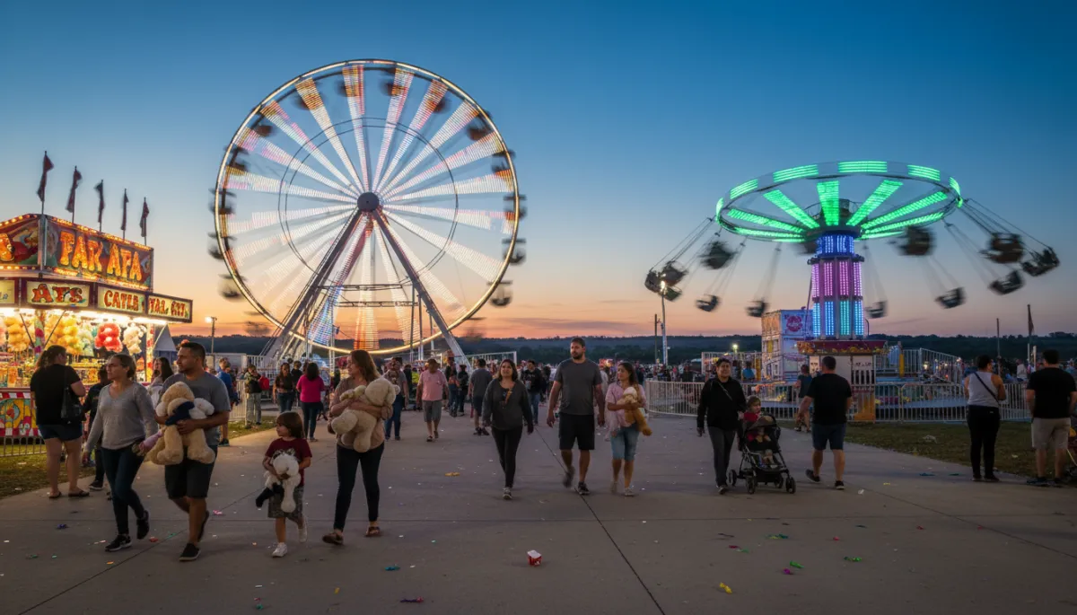 Families and couples walking along the lit-up midway at dusk