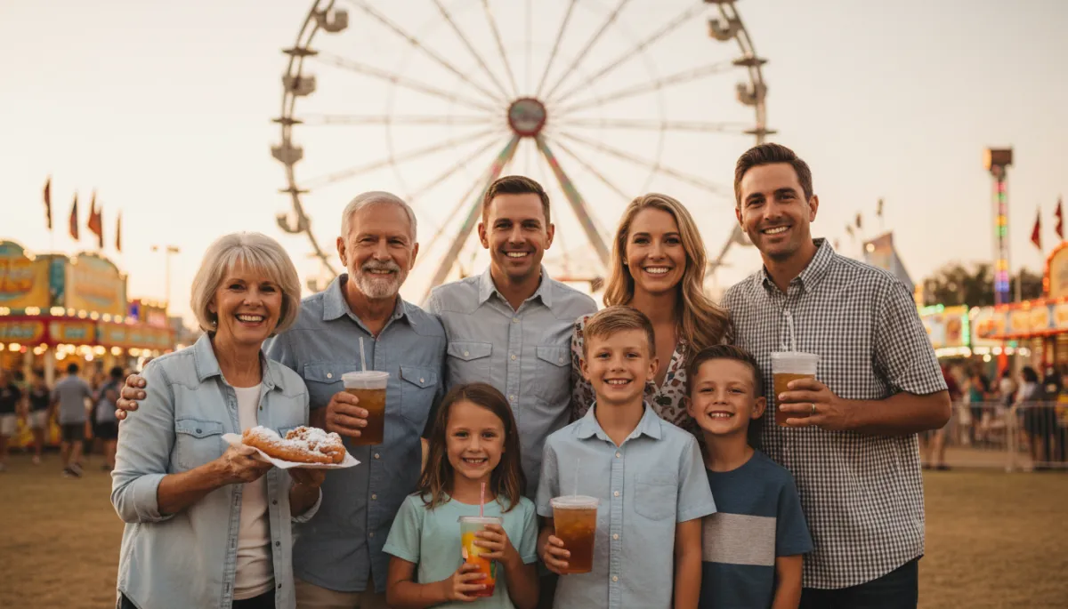 Photorealistic multigenerational family enjoying food at a Texas state fair