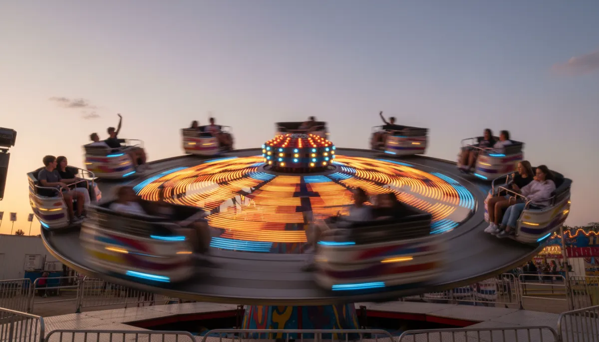 Photorealistic carnival ride spinning at dusk with riders laughing