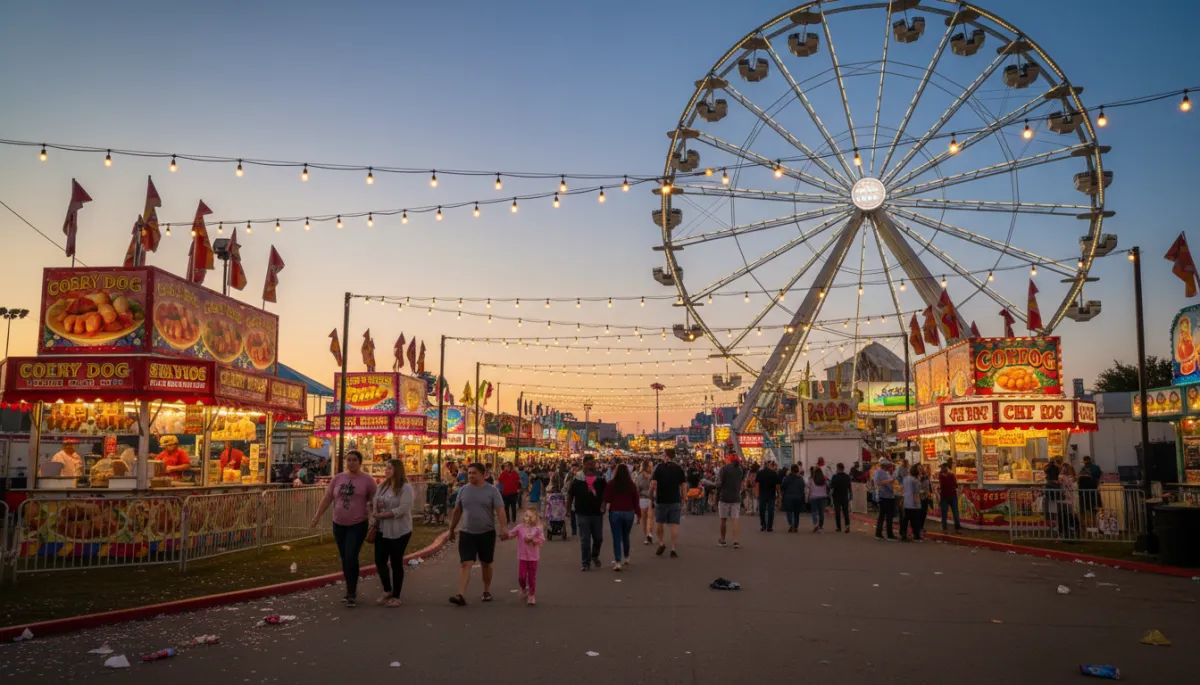 Photorealistic twilight midway scene at a Texas state fair with Ferris wheel and food stands