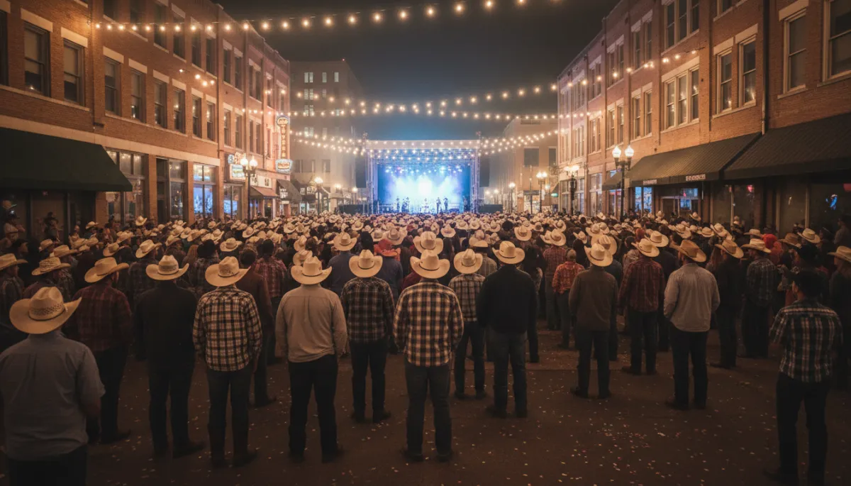 Crowd in boots enjoying a live music performance on a downtown street at night