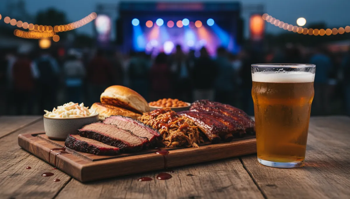 BBQ plate and cold beer at an outdoor festival with stage lights in the distance