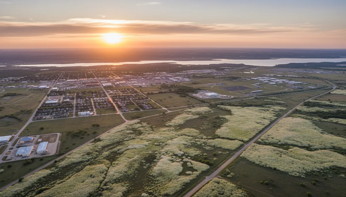 photorealistic aerial sunset view over Killeen Texas showing downtown streets, Stillhouse Hollow Lake in the distance, Fort Hood edges and wildflower-lined roads, soft neutral color palette