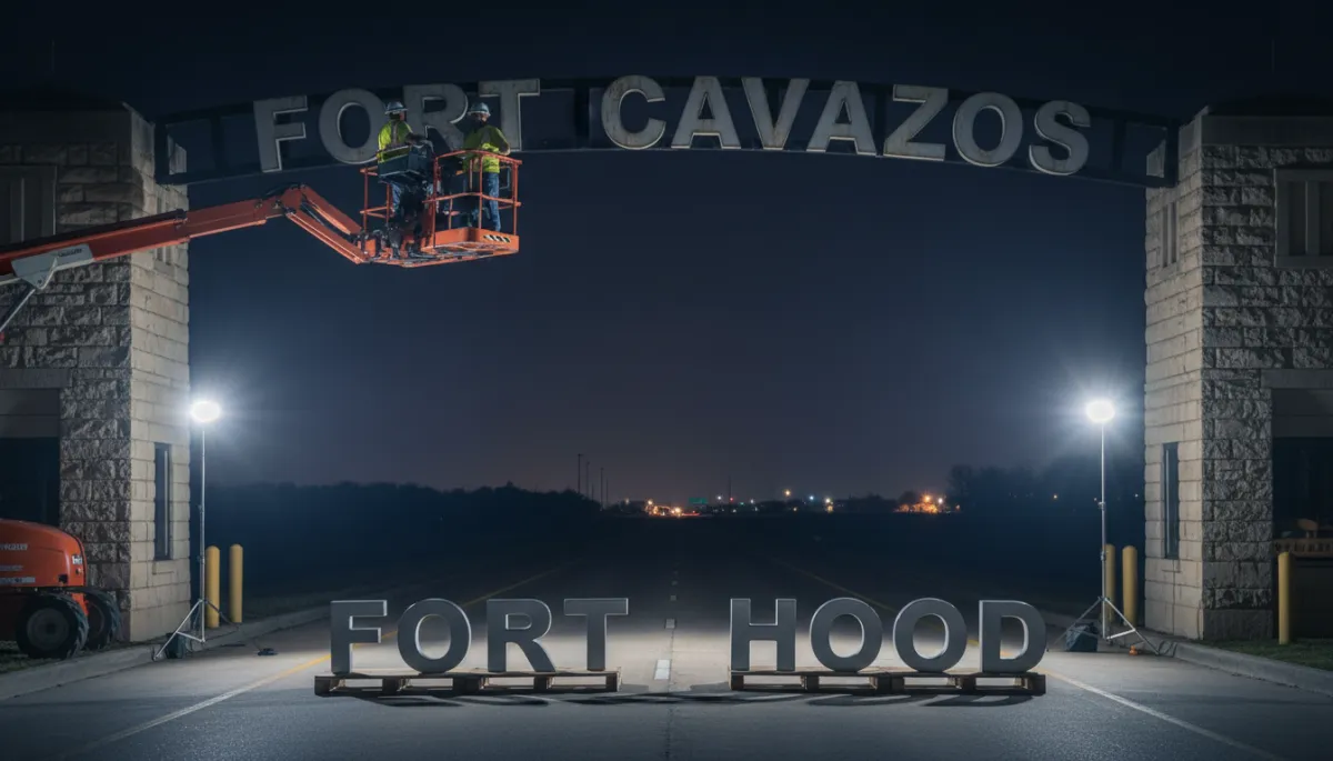 photorealistic night scene at the main gate of the Killeen Texas military base, work crew on cherry picker removing large metal FORT CAVAZOS letters under floodlights, new FORT HOOD letters staged on the ground, empty highway, faint glow of Killeen in the distance, neutral color palette