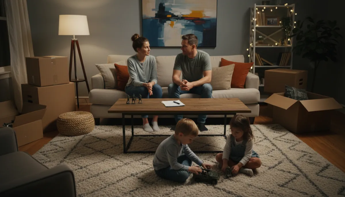 photorealistic scene of a military family in a warmly lit living room at night, PCS orders on the coffee table, moving boxes stacked nearby, parents exchanging a mix of anxious and hopeful looks while kids play with toy soldiers on the floor, soft neutral color palette