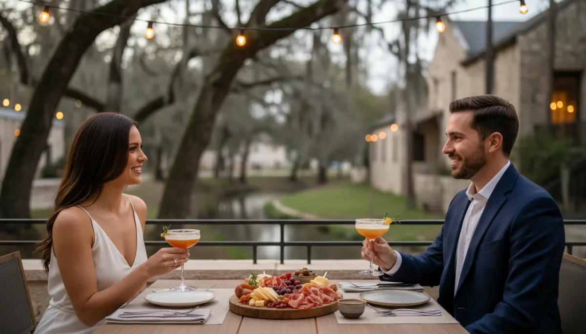 photorealistic evening scene of a stylish couple enjoying cocktails on a neutral-toned creekside patio near Fort Hood, soft string lights overhead, upscale table setting with charcuterie, blurred background of oak trees and historic stone buildings
