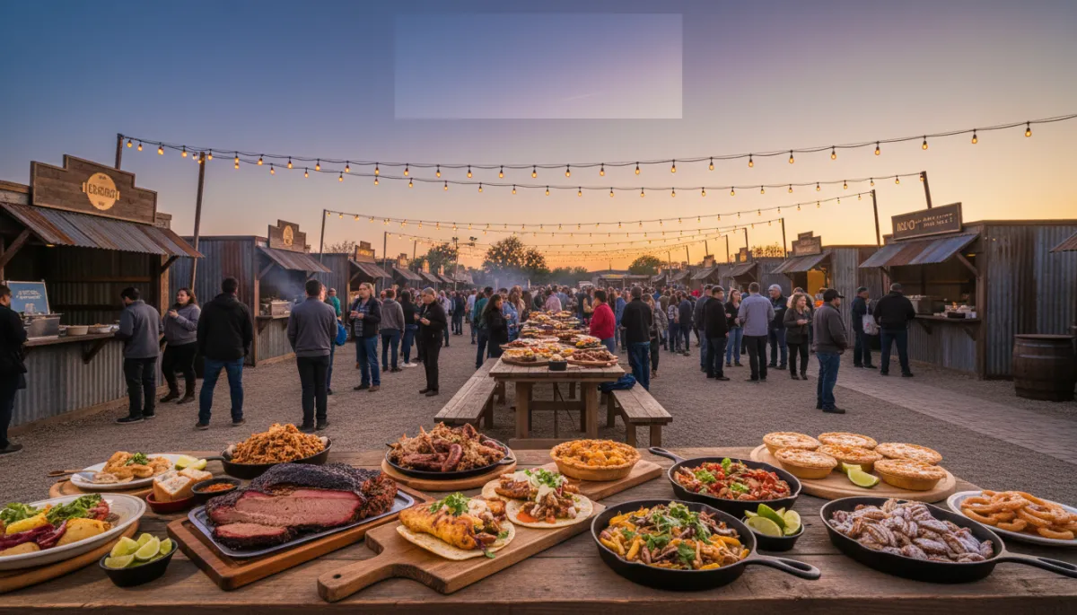 photorealistic early evening outdoor food festival at the Killeen Special Events Center, neutral color palette, string lights glowing, diverse crowd sampling small plates from vendor booths, close-up of Central Texas barbecue, tacos, and desserts on rustic tables, subtle text overlay area in sky