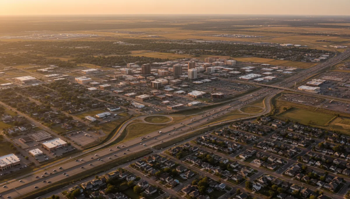 photorealistic aerial view of Killeen Texas at golden hour, low skyline, Fort Cavazos in distance, highways and neighborhoods, warm neutral tones, subtle weekend city buzz
