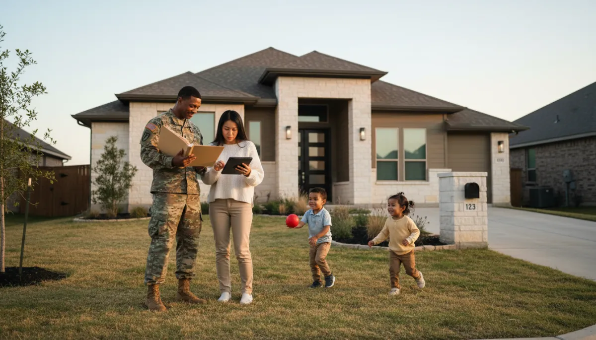photorealistic neutral-tone scene of a mixed-race military family standing in front of a modern single-family home near Fort Cavazos, soldier in ACU uniform holding PCS folder, spouse reviewing paperwork on a tablet, two kids playing in the yard, soft evening light