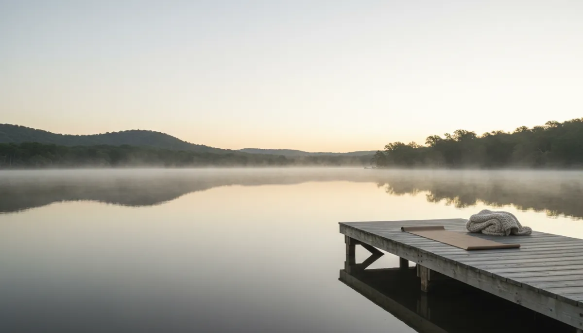 photorealistic serene Central Texas lakeside at sunrise, soft neutral colors, gentle mist over still water, a single wooden dock with a yoga mat and folded blanket, distant low hills and oak trees, calm reflective mood