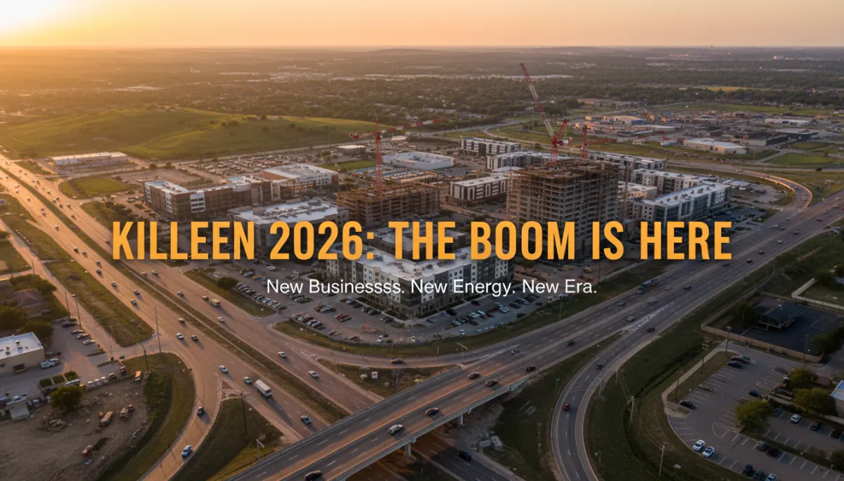 photorealistic aerial view of Killeen Texas at golden hour showing active construction cranes, new mixed-use buildings, widened roads and traffic, with subtle text overlay reading 'Killeen 2026: The Boom Is Here' and a smaller subtitle 'New Businesses. New Energy. New Era.'
