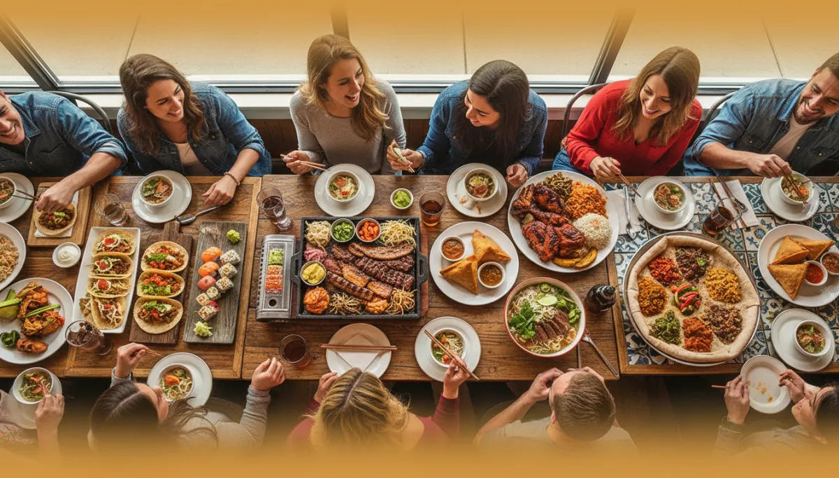 photorealistic vibrant overhead spread of Korean BBQ, jerk chicken, samosas, pho, injera platters, tacos, and sushi on mismatched tables in a cozy strip-mall restaurant, diverse diners laughing and sharing dishes