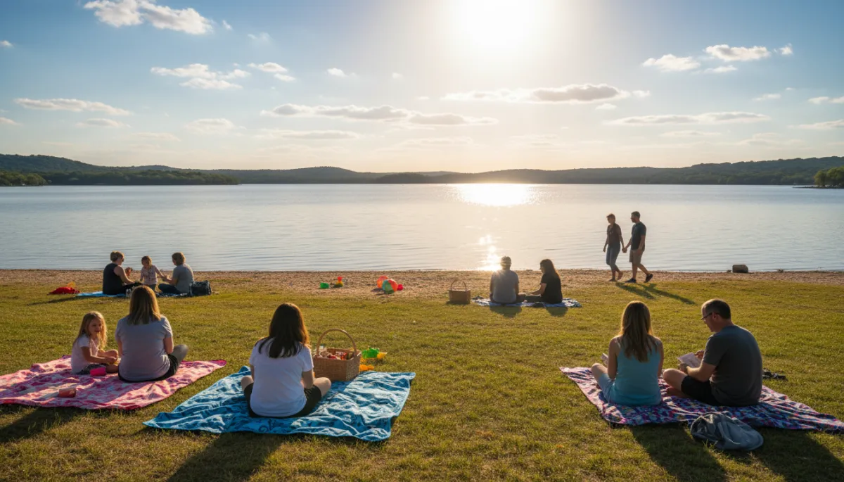 photorealistic wide shot of a sunny Sunday afternoon at Stillhouse Hollow Lake near Killeen, families relaxing on picnic blankets, a couple walking near the water, neutral warm tones with clear blue sky and calm lake surface