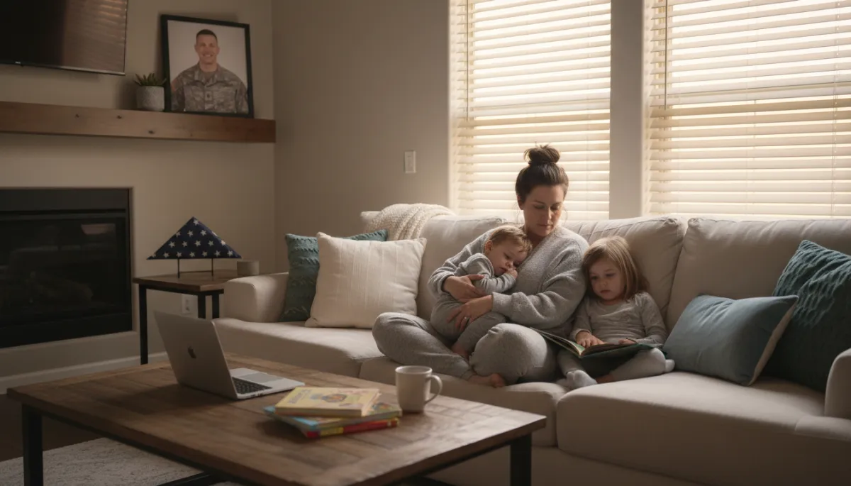 photorealistic neutral-toned living room in Killeen, military spouse in comfy clothes sitting on couch with two young children, open laptop on coffee table, framed photo of soldier in uniform on shelf, warm evening light coming through blinds, subtle sense of both love and fatigue