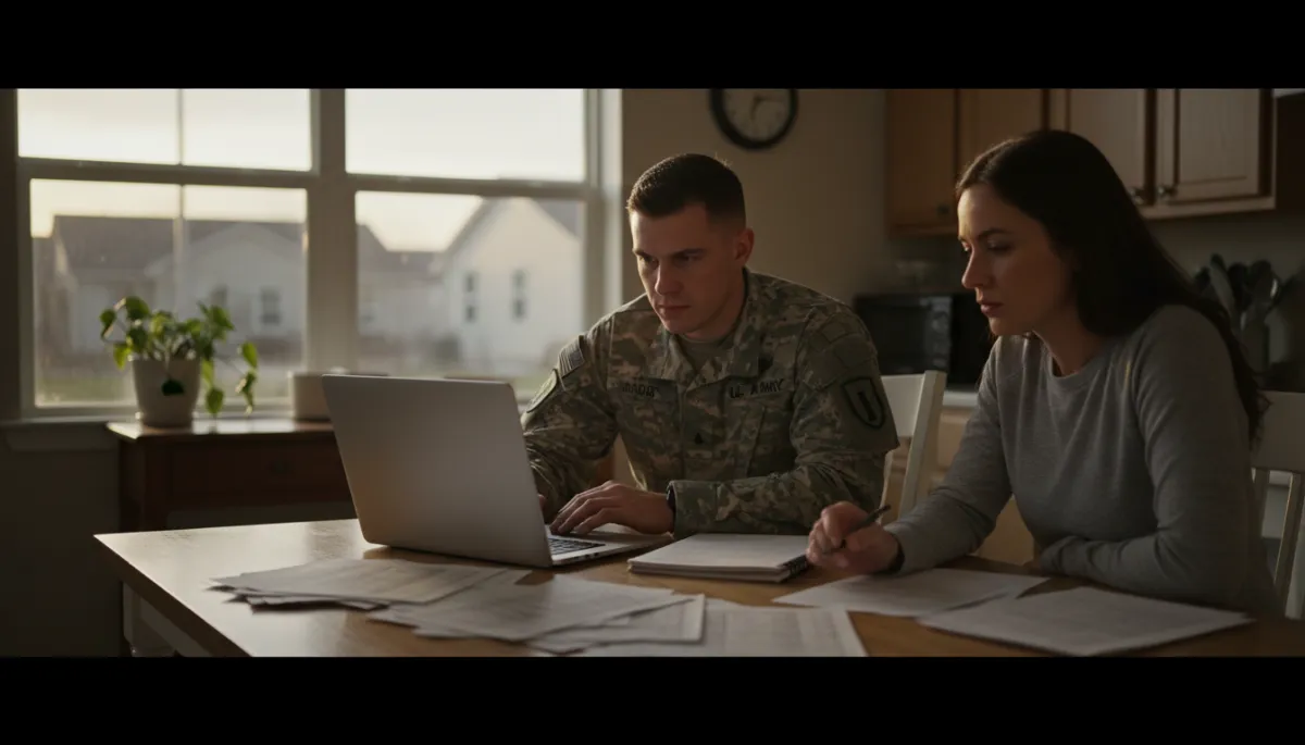 photorealistic neutral-tone scene of a Fort Hood soldier in ACUs at a kitchen table with a laptop, notebook, and printed LES statements, spouse beside them, both focused and serious, soft evening light, subtle view of base housing through the window