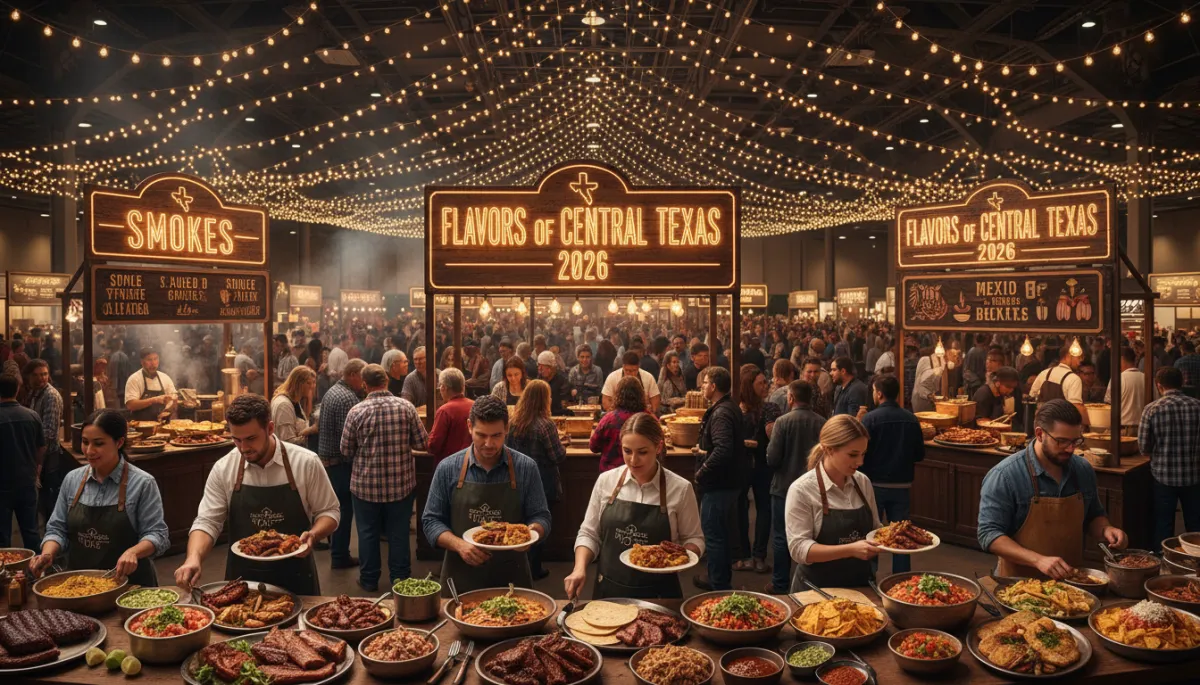 photorealistic vibrant evening food festival inside a large event hall, diverse crowd sampling food from colorful vendor booths, warm string lights overhead, servers plating barbecue and Tex-Mex dishes, visible signage reading Flavors of Central Texas 2026