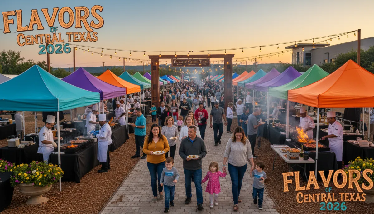 photorealistic vibrant early-evening outdoor food festival setup at Killeen Special Events Center, colorful tents, sizzling grills, diverse chefs plating samples, families and soldiers walking in, warm golden light, bold signage reading 'Flavors of Central Texas 2026'